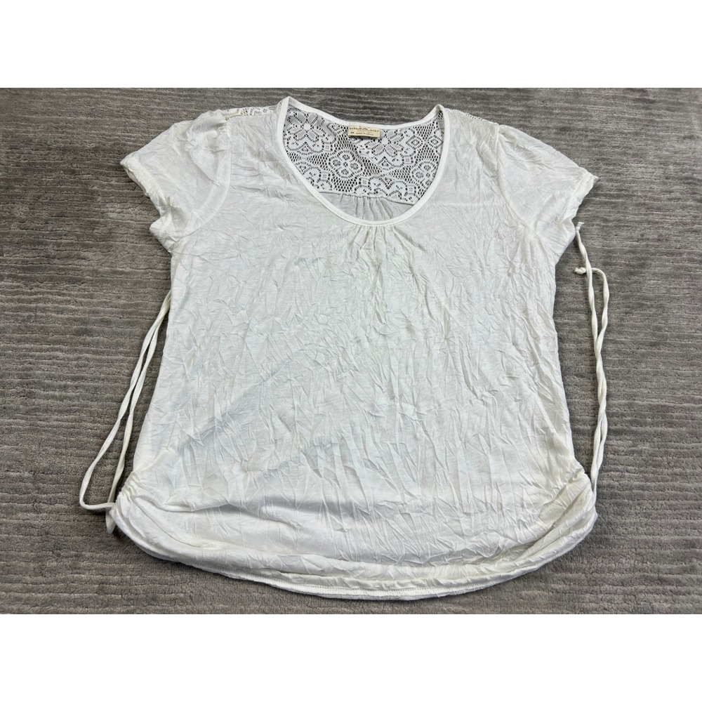 Bobbie Brooks Top Womens 2X White Lace Yoke Side Drawstring Crinkle Blouse